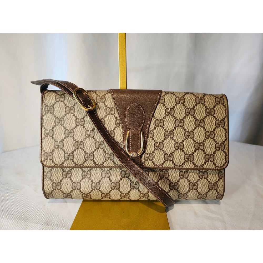 Gucci GG Monogram Crossbody Bag Beige Brown Leather Strap Ophidia Vintage